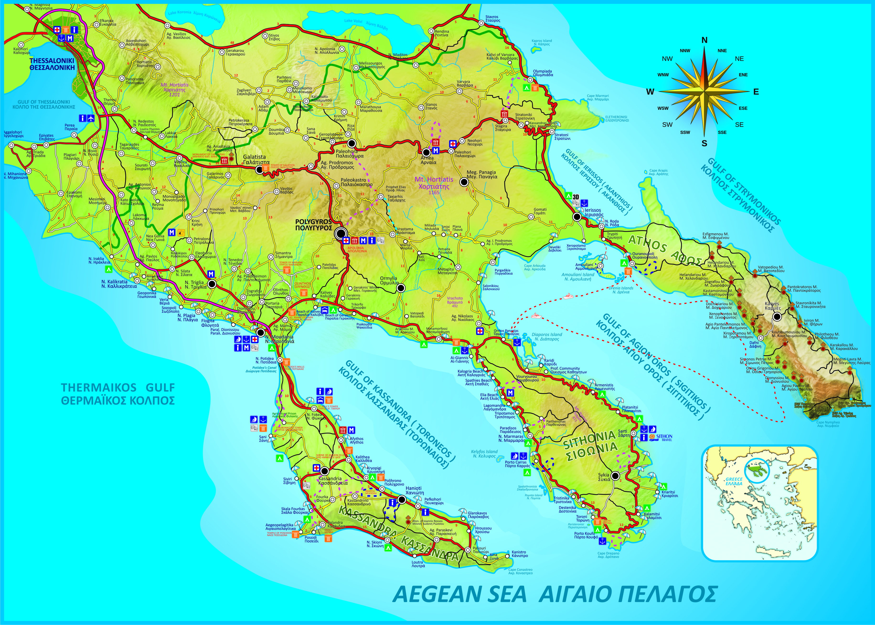 mapa halkidikija sitonija Sarti Halkidiki maps, sithonia beaches map, mount athos map mapa halkidikija sitonija